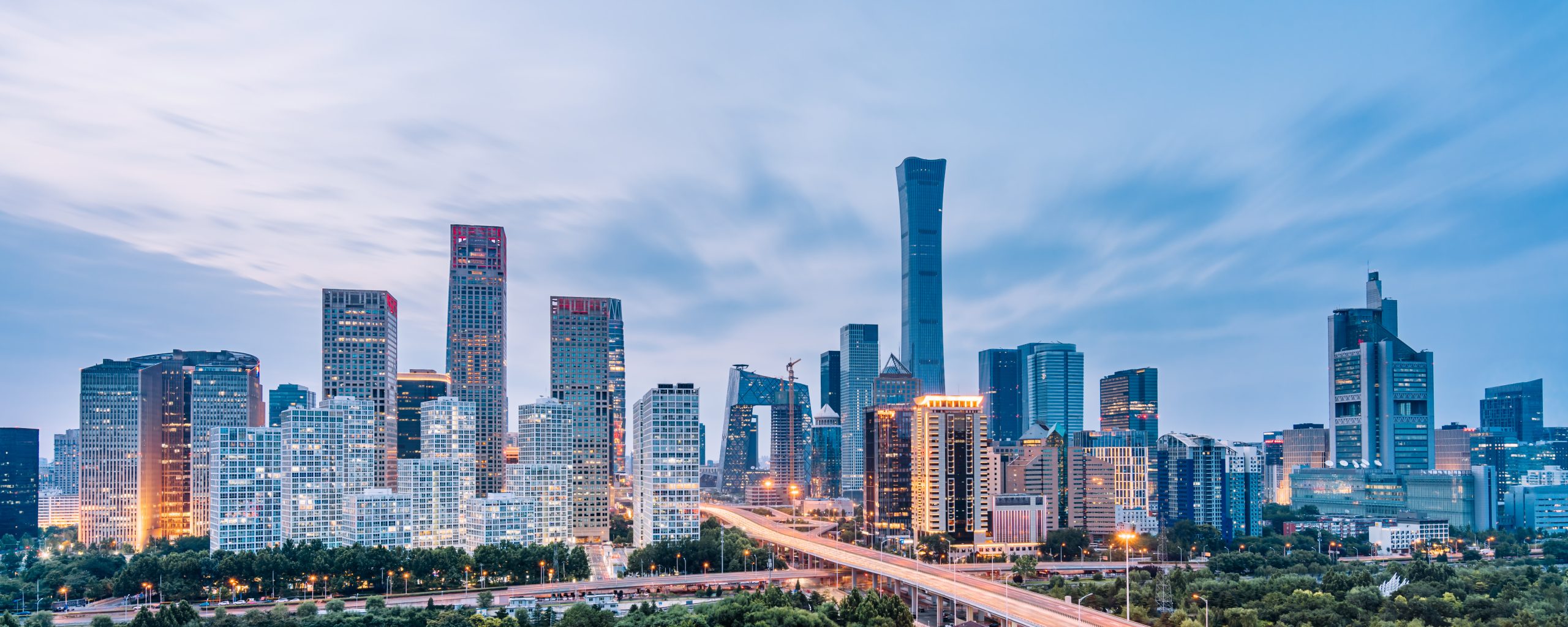 Dusk view of skyline in Beijing, China.